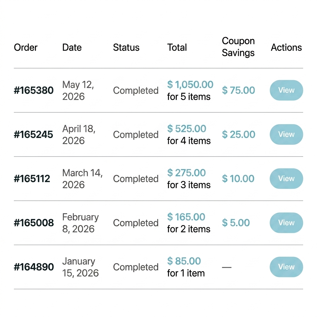 Saber Professional Customer Order History Mockup